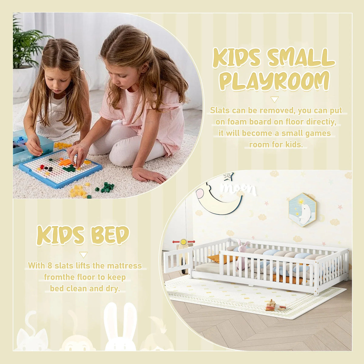 eprolo white twin size kids floor bed with safety guardrails and a children's play area.