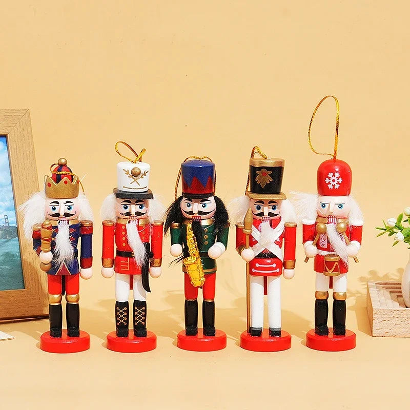 Set of five 12cm wooden nutcracker Christmas ornaments by eprolo in festive colors.