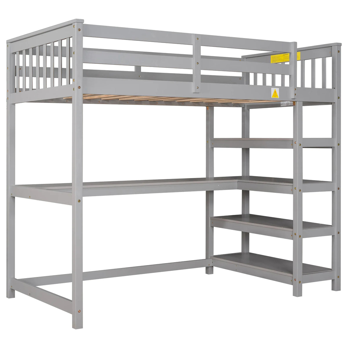 eprolo twin size gray loft bed with built-in desk and storage shelves