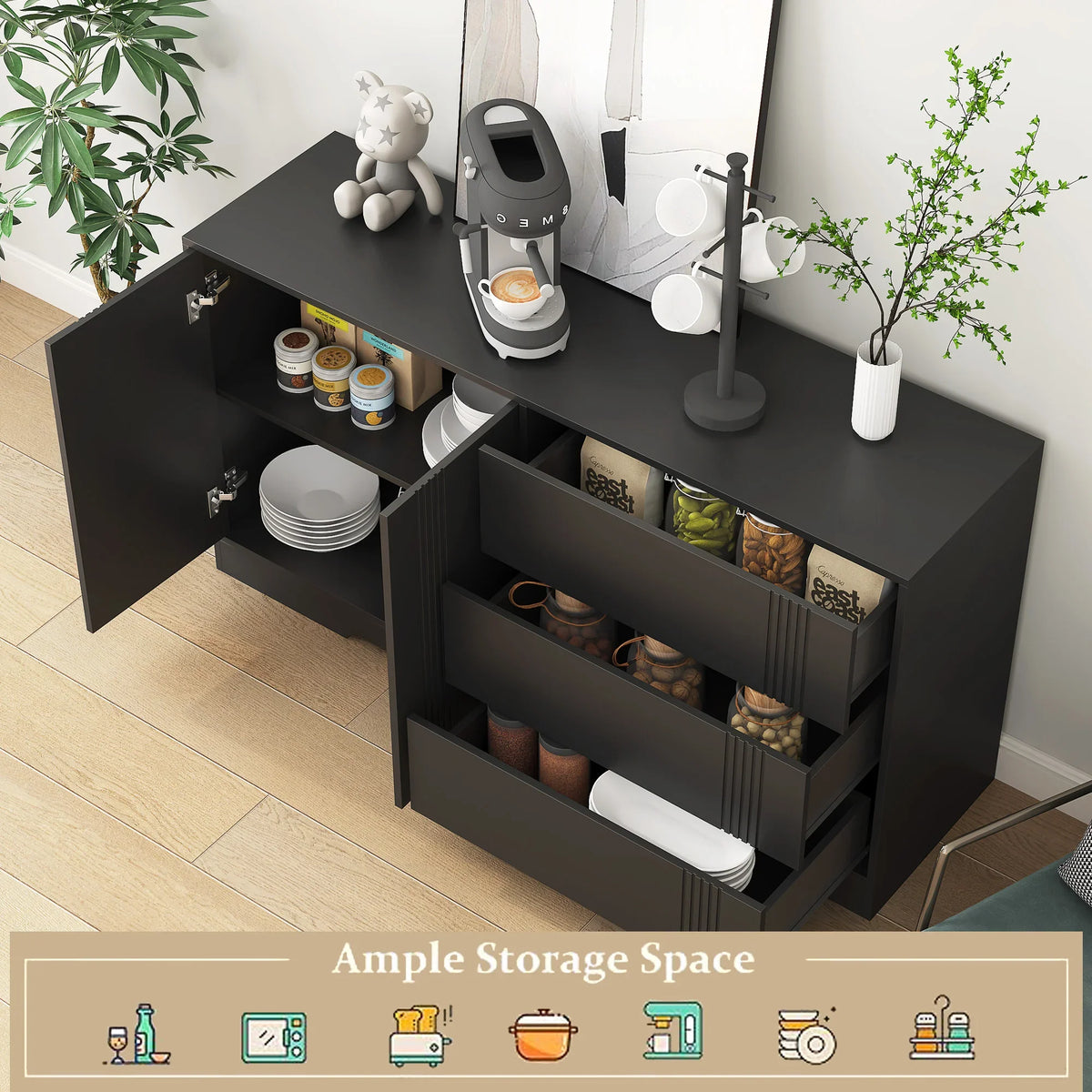eprolo modern black kitchen buffet coffee bar with storage drawers and cabinets