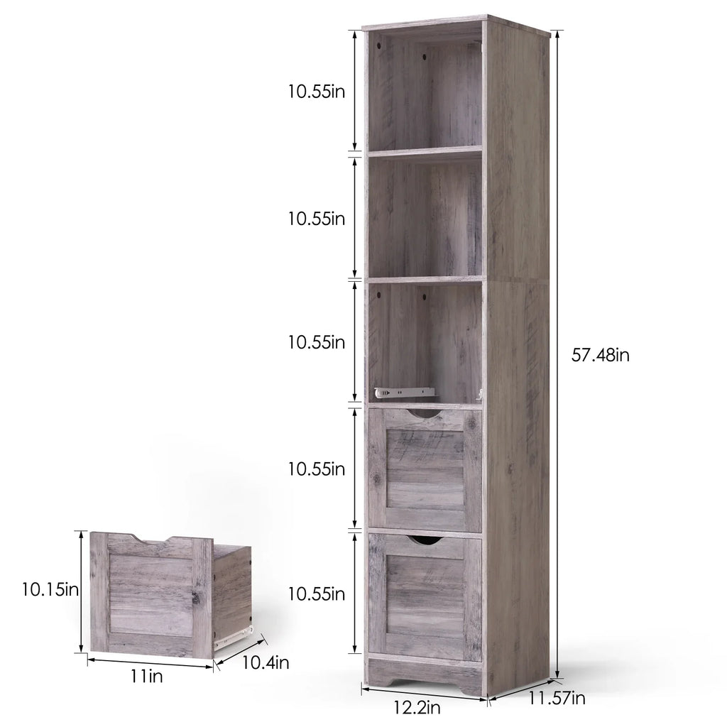 Tall narrow grey bathroom floor cabinet with 3 drawers and 2 open shelves by eprolo