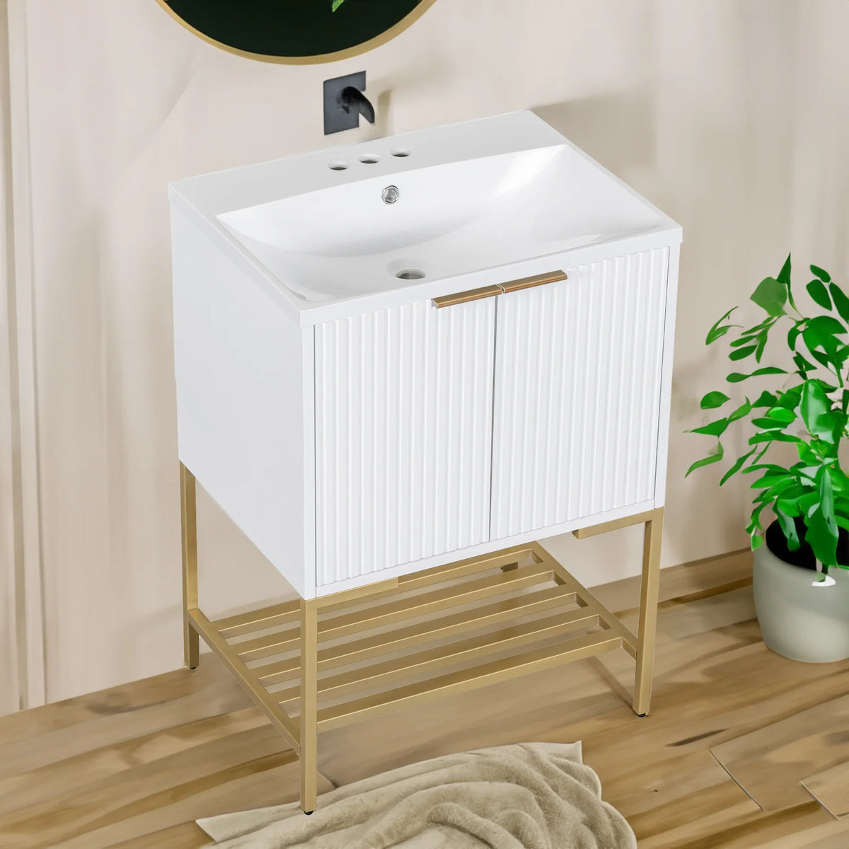 eprolo 24 inch white bathroom vanity with sink, two doors, and gold metal frame