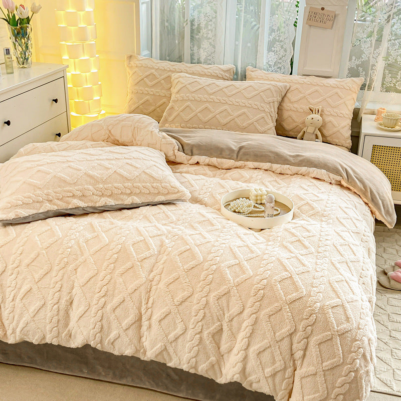 Winter Flannel 4-Piece Bedding Set, Thick Warm Milk Velvet Coral Fleece Duvet Cover, Student Dormitory