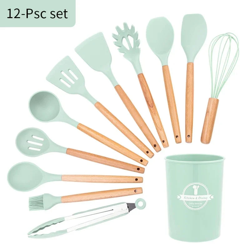 eprolo 12-piece mint green silicone kitchen utensil set with wooden handles and storage crock