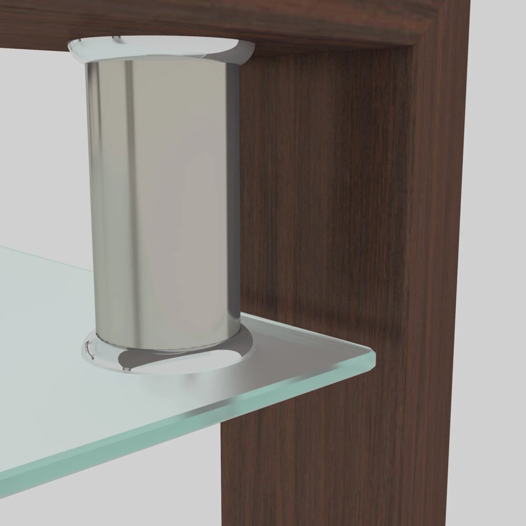 Close-up of a modern metal pedestal support for a clear glass coffee table.