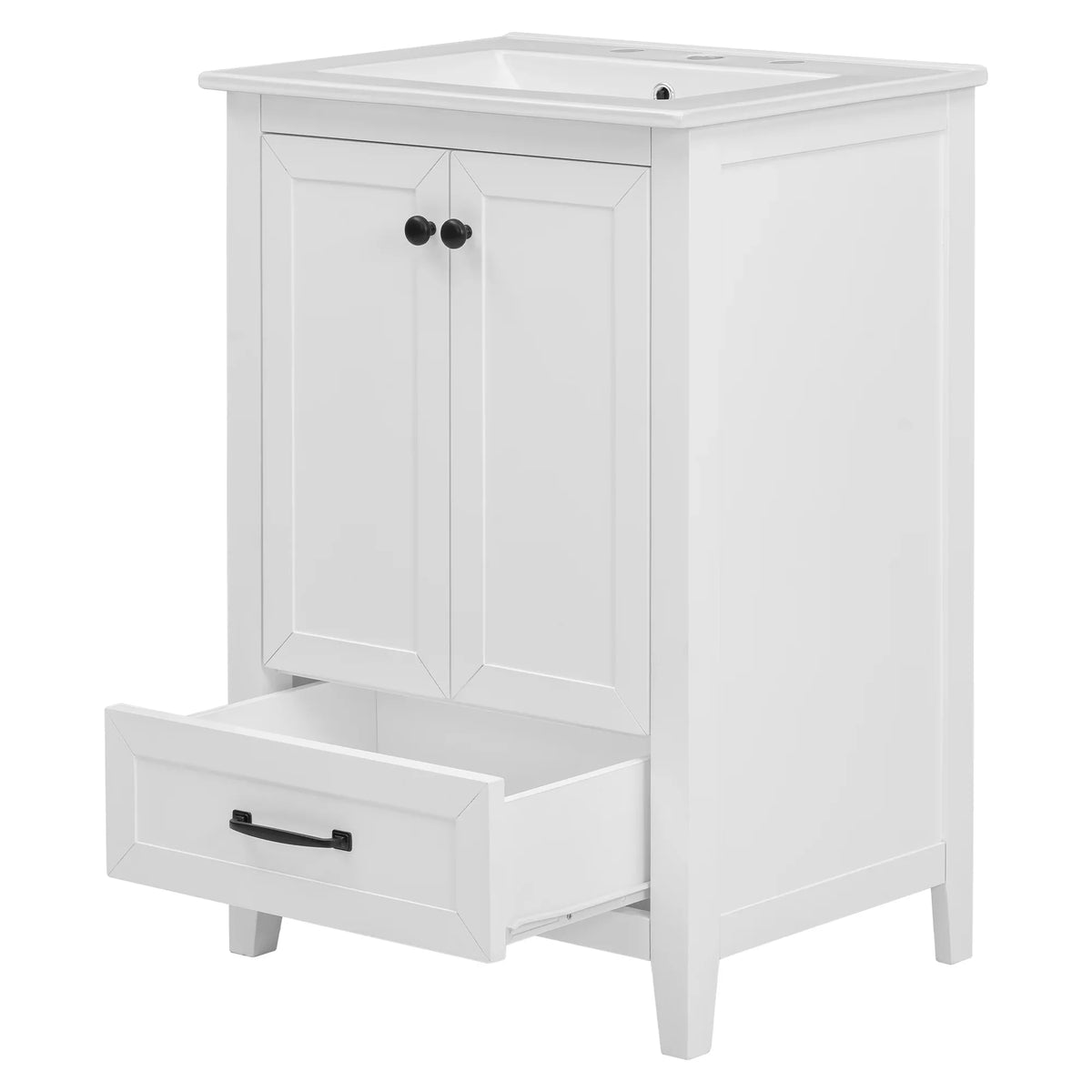 White 24 inch eprolo bathroom vanity cabinet with sink, one drawer, and double doors.
