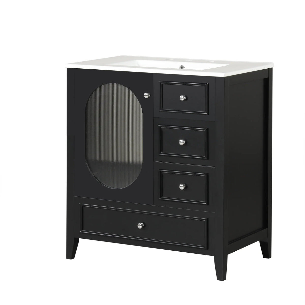 eprolo 30 inch black bathroom vanity with white sink, three drawers, and an oval door