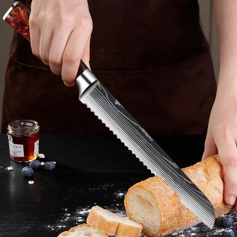Person using an eprolo high carbon stainless steel bread knife to slice a fresh baguette.