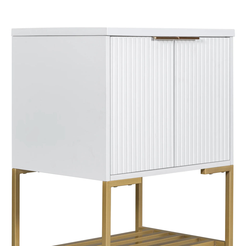 White 24 inch eprolo bathroom vanity cabinet with fluted doors and gold metal frame.
