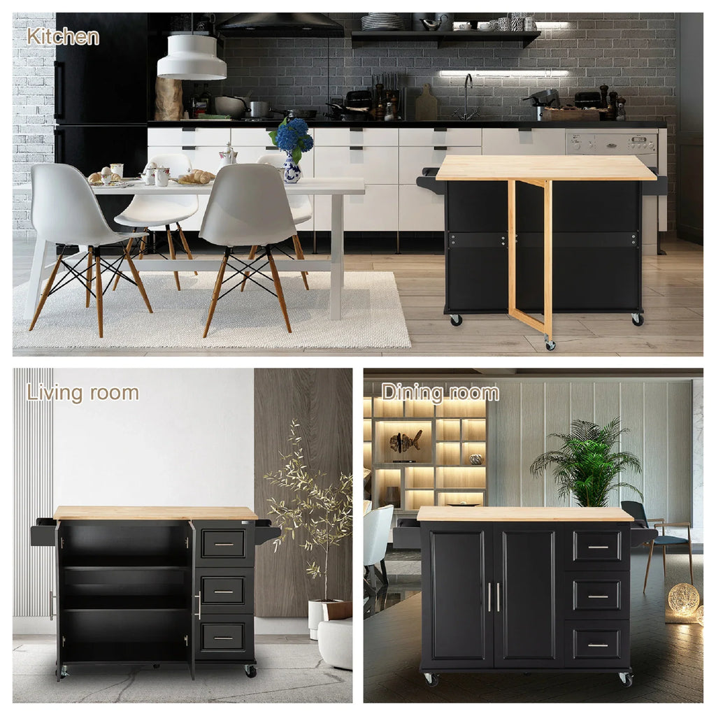eprolo mobile kitchen island with rubber wood countertop in kitchen and living room settings