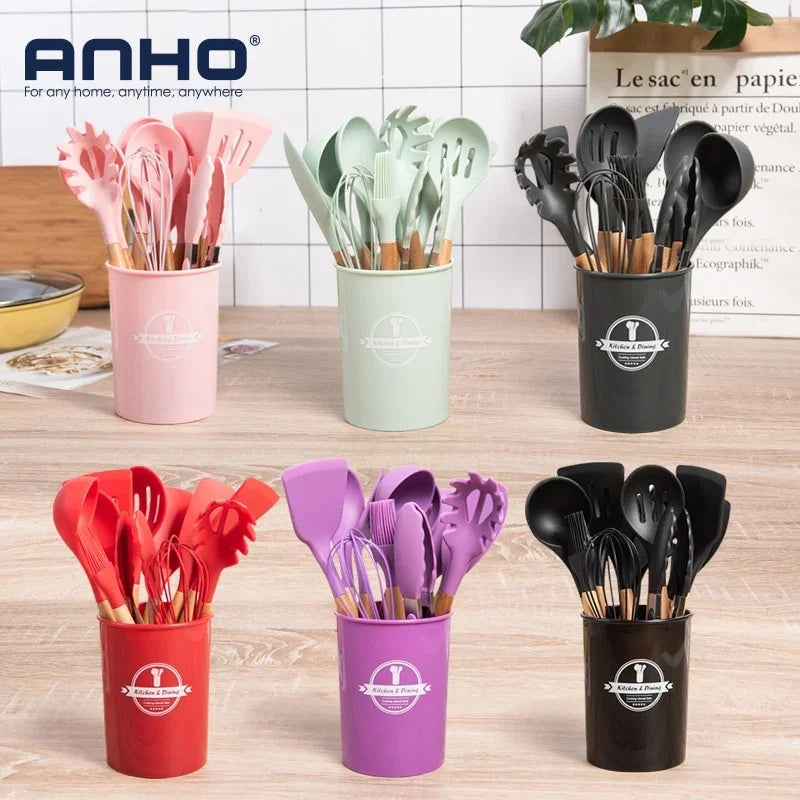 Set of colorful silicone kitchen cooking utensils in various holders.