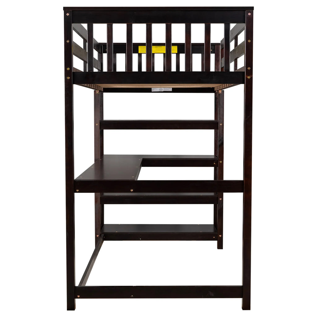 Espresso twin size loft bed by eprolo with built-in storage shelves and under-bed desk.