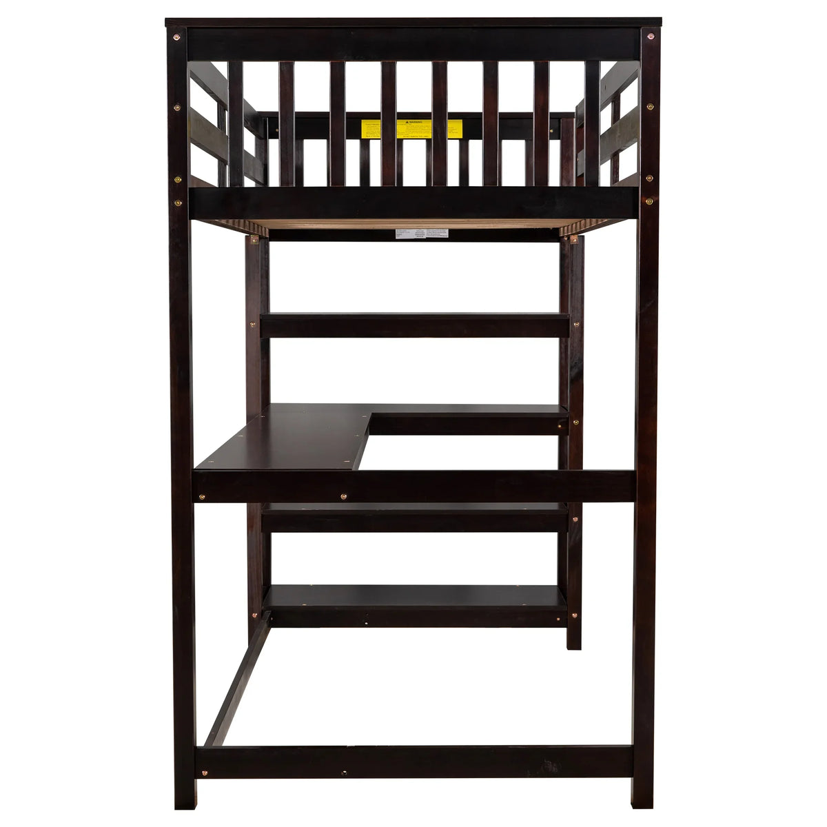 Espresso twin size loft bed by eprolo with built-in storage shelves and under-bed desk.