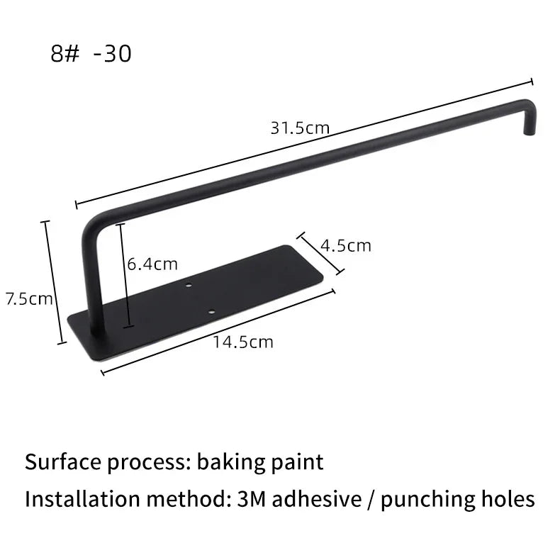 Black eprolo kitchen roll holder with dimensions 31.5cm length and 14.5cm base.