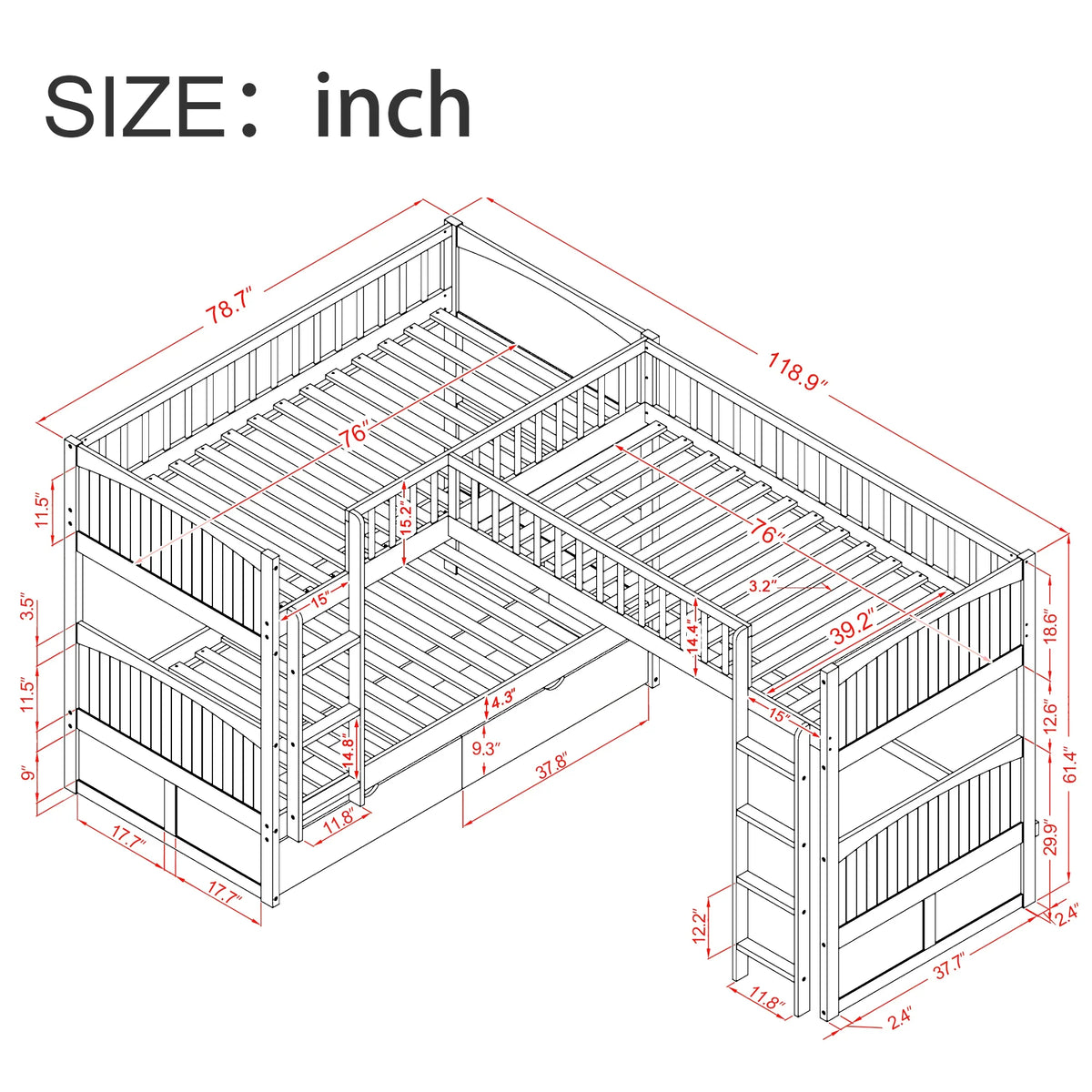 Dimension diagram for eprolo Twin Size Bunk Bed with Loft and two drawers in gray.