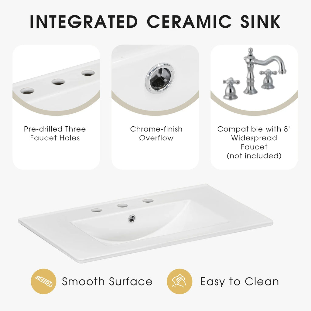 Integrated ceramic sink with pre-drilled three faucet holes and chrome-finish overflow.