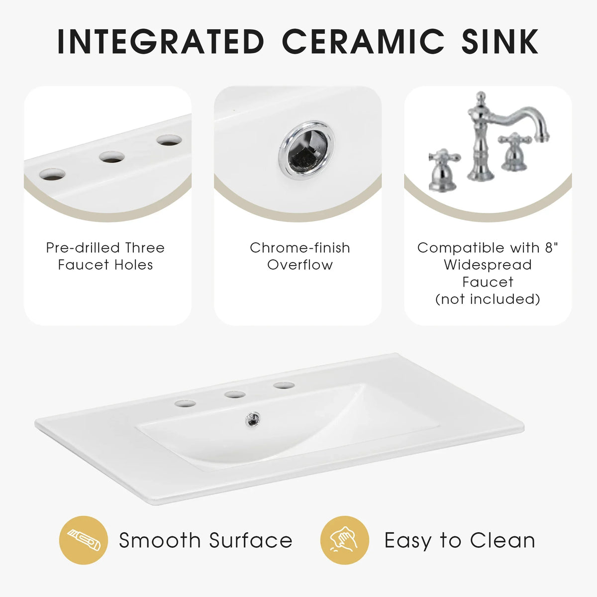 Integrated ceramic sink with pre-drilled three faucet holes and chrome-finish overflow.