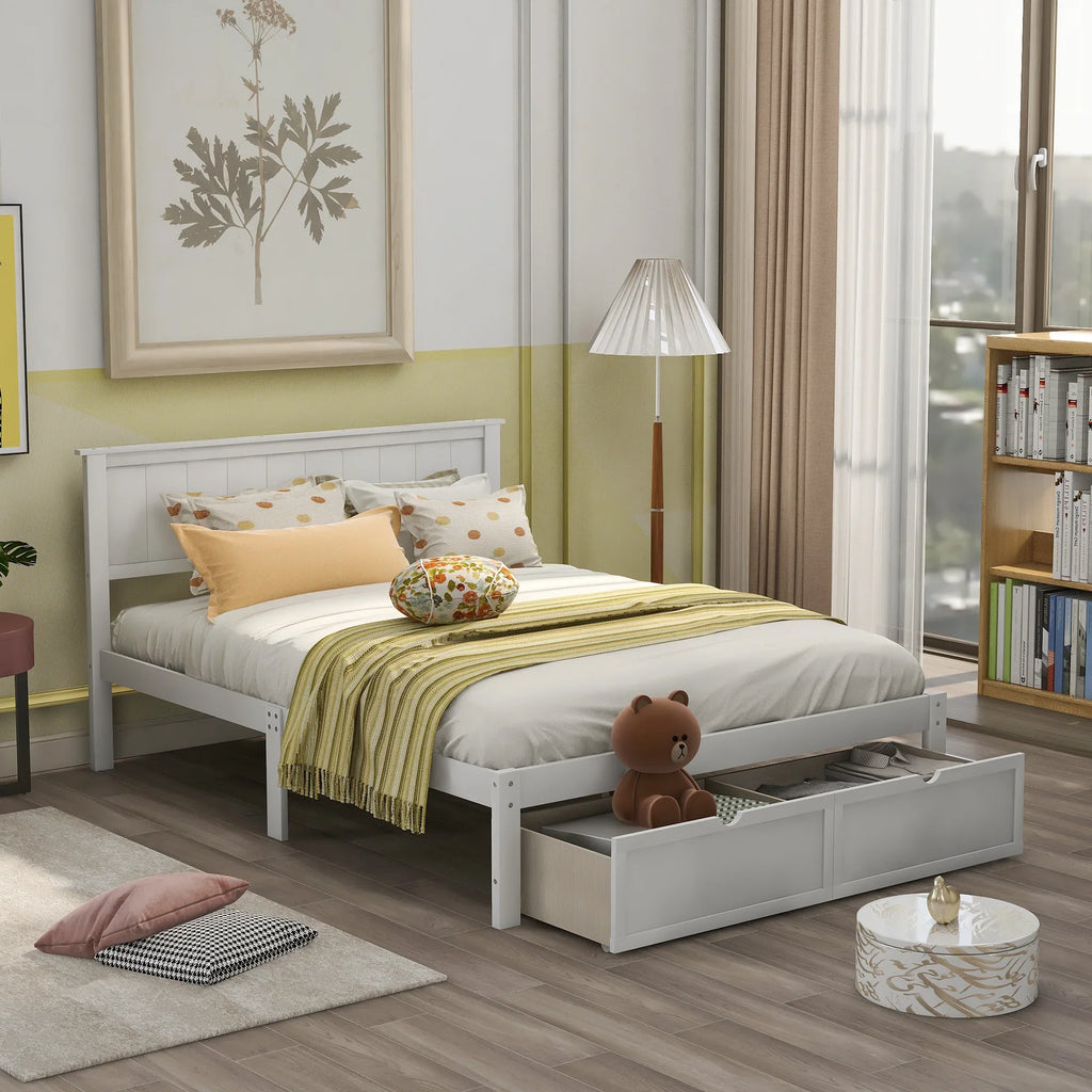 Full size white platform bed with under-bed storage drawers and neutral decor.