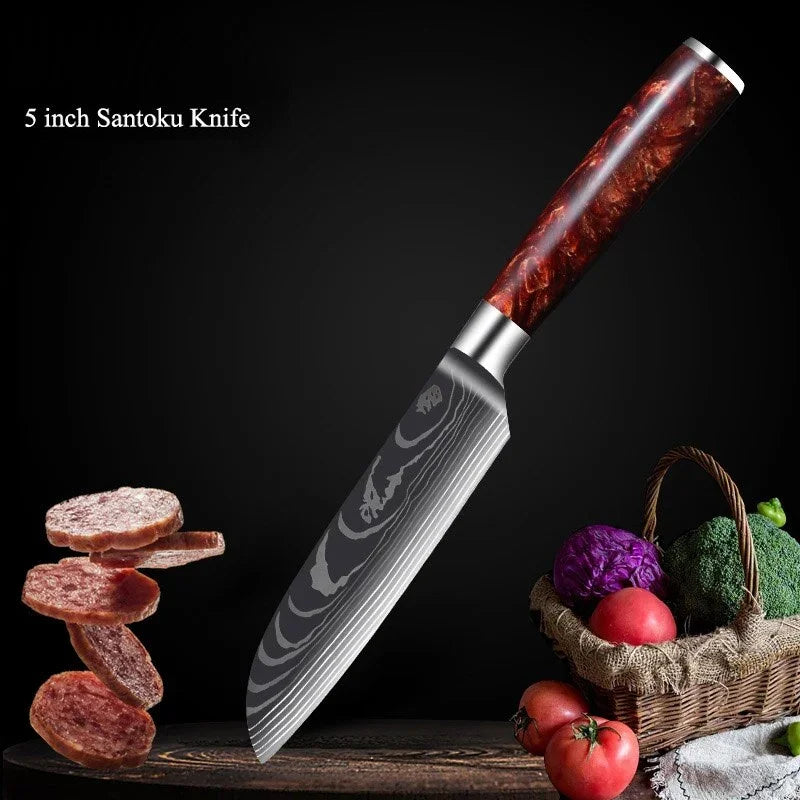eprolo 5 inch Santoku knife with high carbon stainless steel blade and patterned wood handle