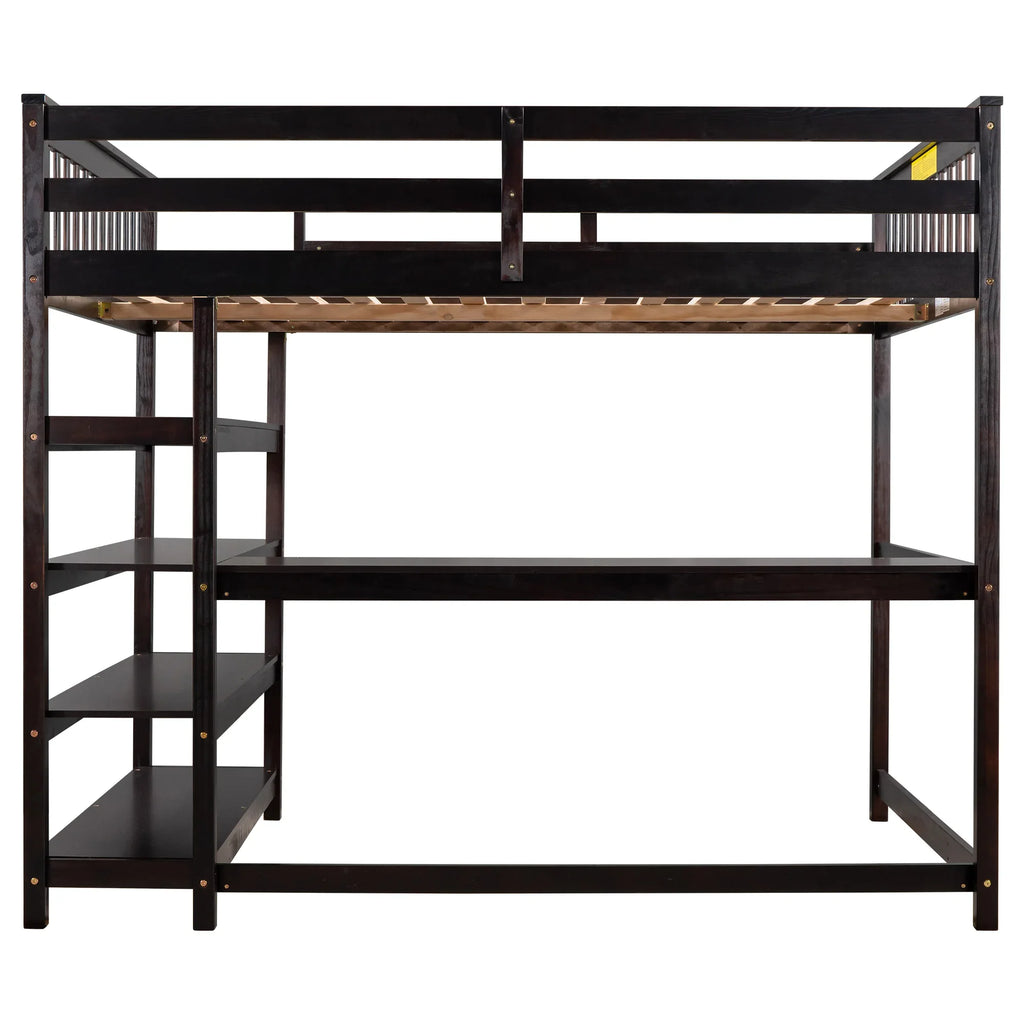 eprolo Full Size Loft Bed in Espresso with built-in storage shelves and under-bed desk area