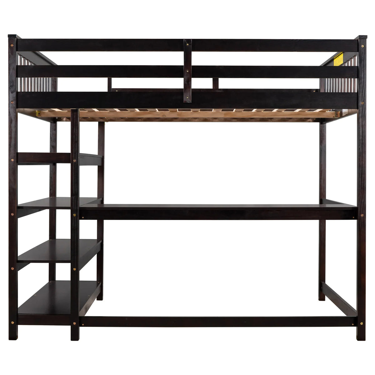 eprolo Full Size Loft Bed in Espresso with built-in storage shelves and under-bed desk area