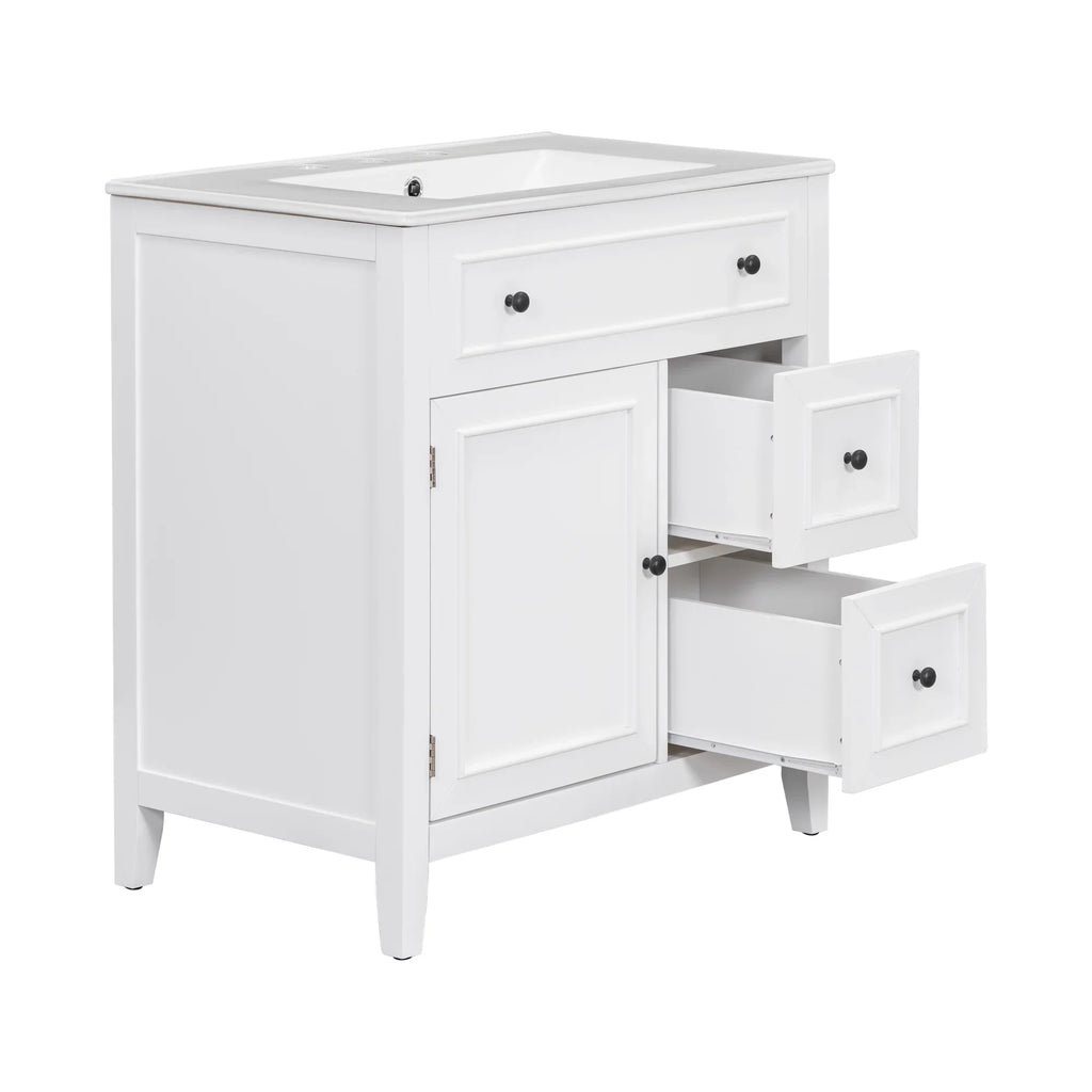 White 30 inch eprolo bathroom vanity cabinet with sink top, door, and two open drawers.