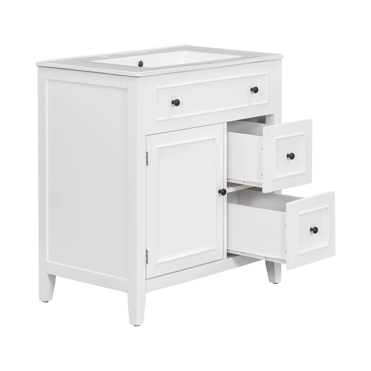 White 30 inch eprolo bathroom vanity cabinet with sink top, door, and two open drawers.