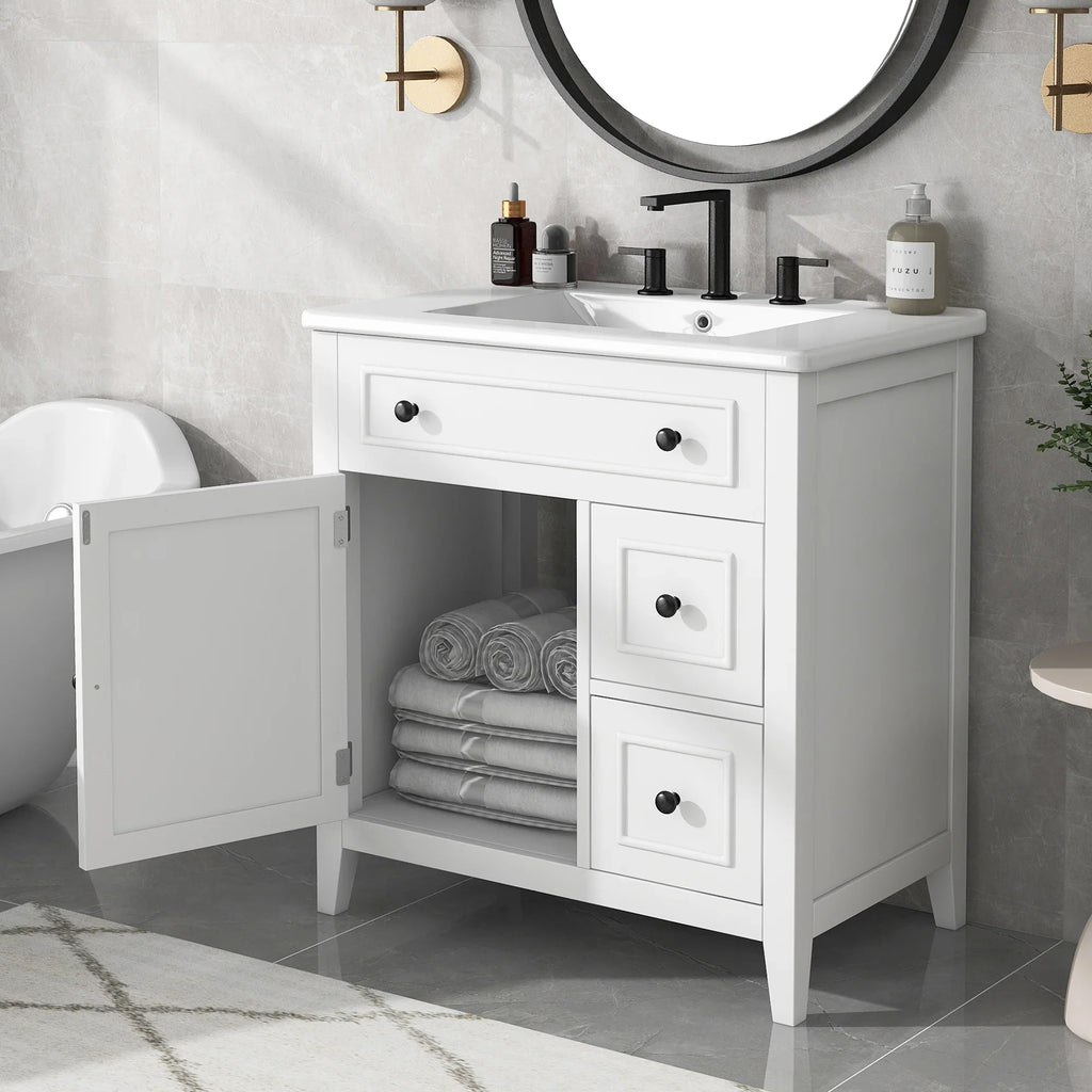 White 30 inch eprolo bathroom vanity with sink top, solid wood frame, and storage drawers.