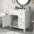 White 30 inch eprolo bathroom vanity with sink top, solid wood frame, and storage drawers.