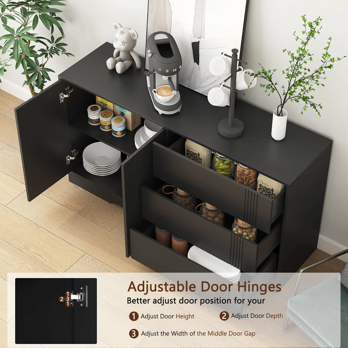 Modern eprolo black kitchen buffet coffee bar with adjustable door hinges and storage drawers.