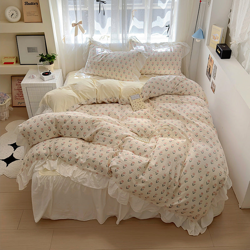Skin friendly French romantic lace washed cotton printed bed bedding skirt four piece set
