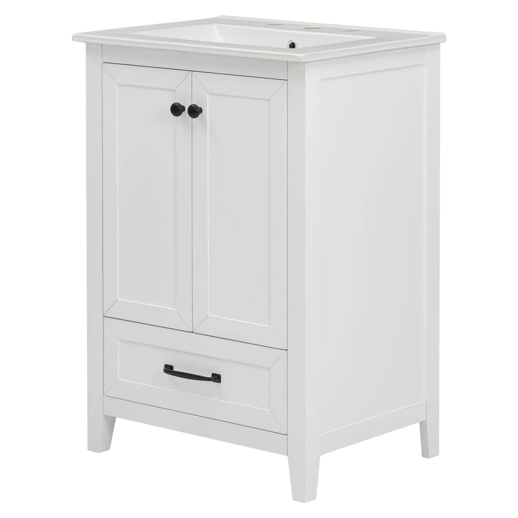 eprolo 24-inch white bathroom vanity with integrated sink, cabinet doors, and drawer