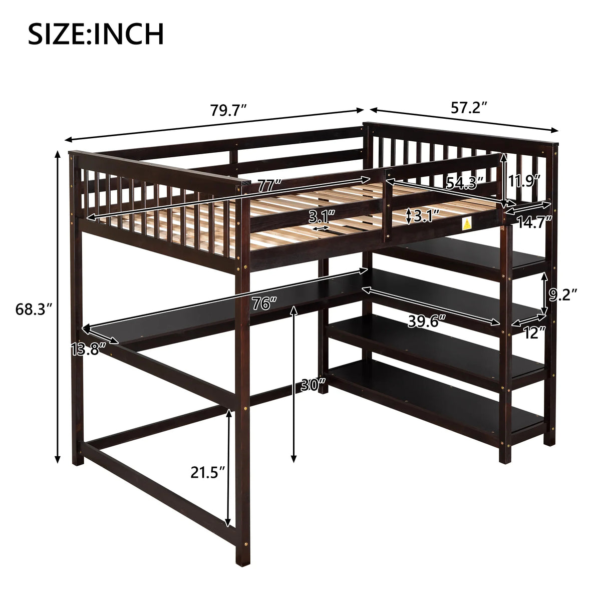 Eprolo full size loft bed in espresso with built-in desk and storage shelves showing dimensions.