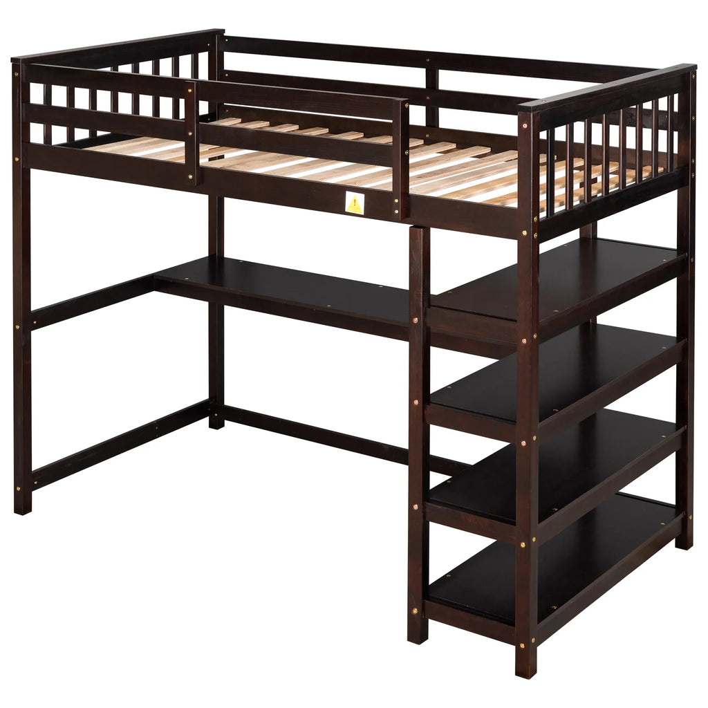 Espresso twin size loft bed by eprolo featuring built-in storage shelves and an under-bed desk.