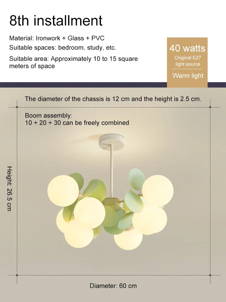 Magic Bean ceiling light with glass globes and leaf accents, 60 cm diameter, warm light.