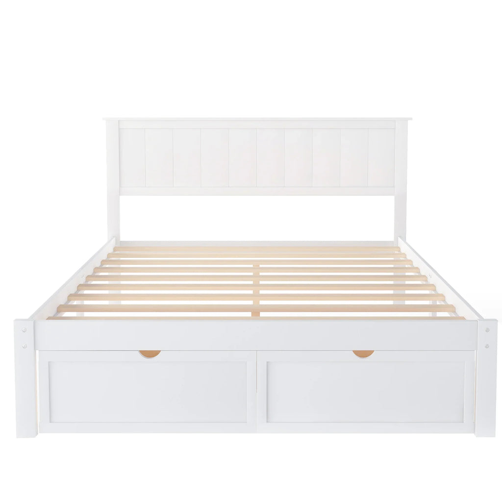 White full size platform bed by eprolo with built-in under-bed storage drawers