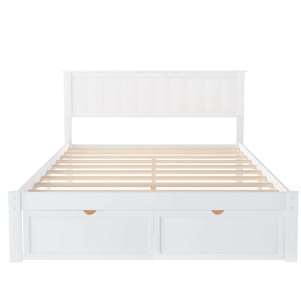 White full size platform bed by eprolo with built-in under-bed storage drawers