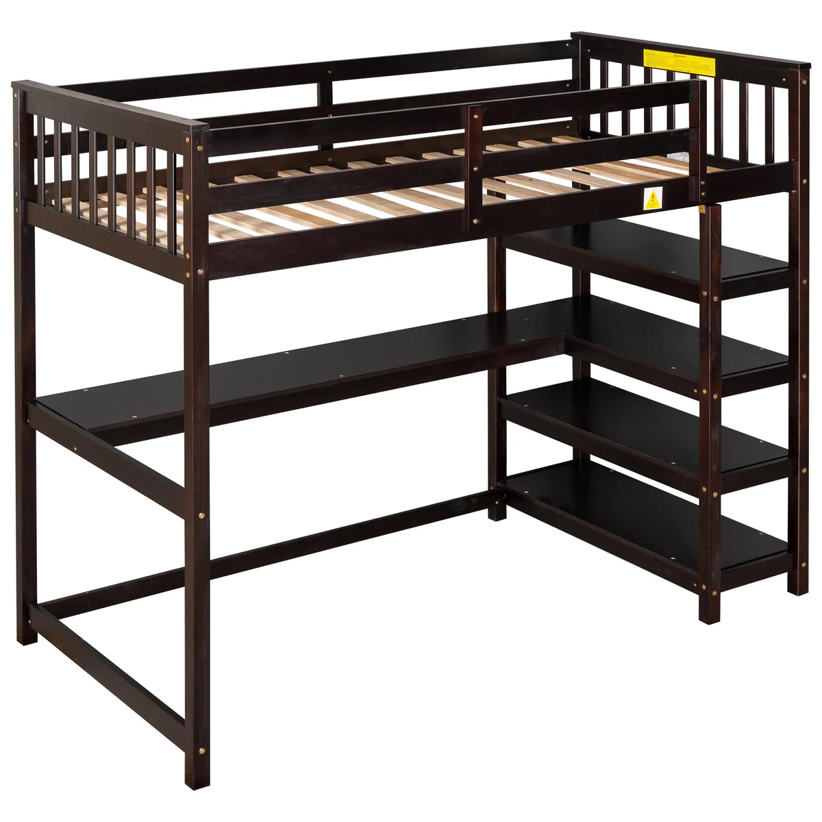 eprolo twin size loft bed in espresso with under-bed desk and storage shelves