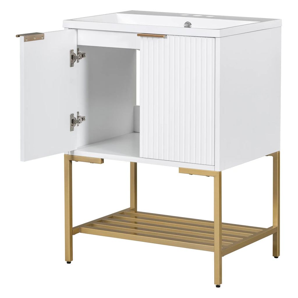 eprolo 24 inch white bathroom vanity with sink, gold metal frame, and open storage shelf