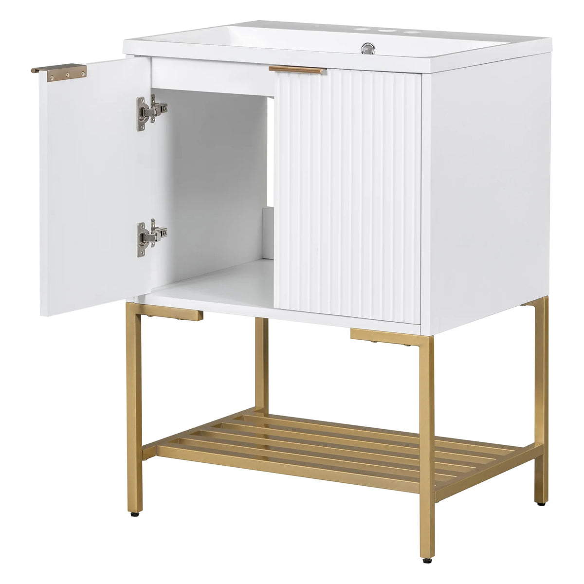 eprolo 24 inch white bathroom vanity with sink, gold metal frame, and open storage shelf