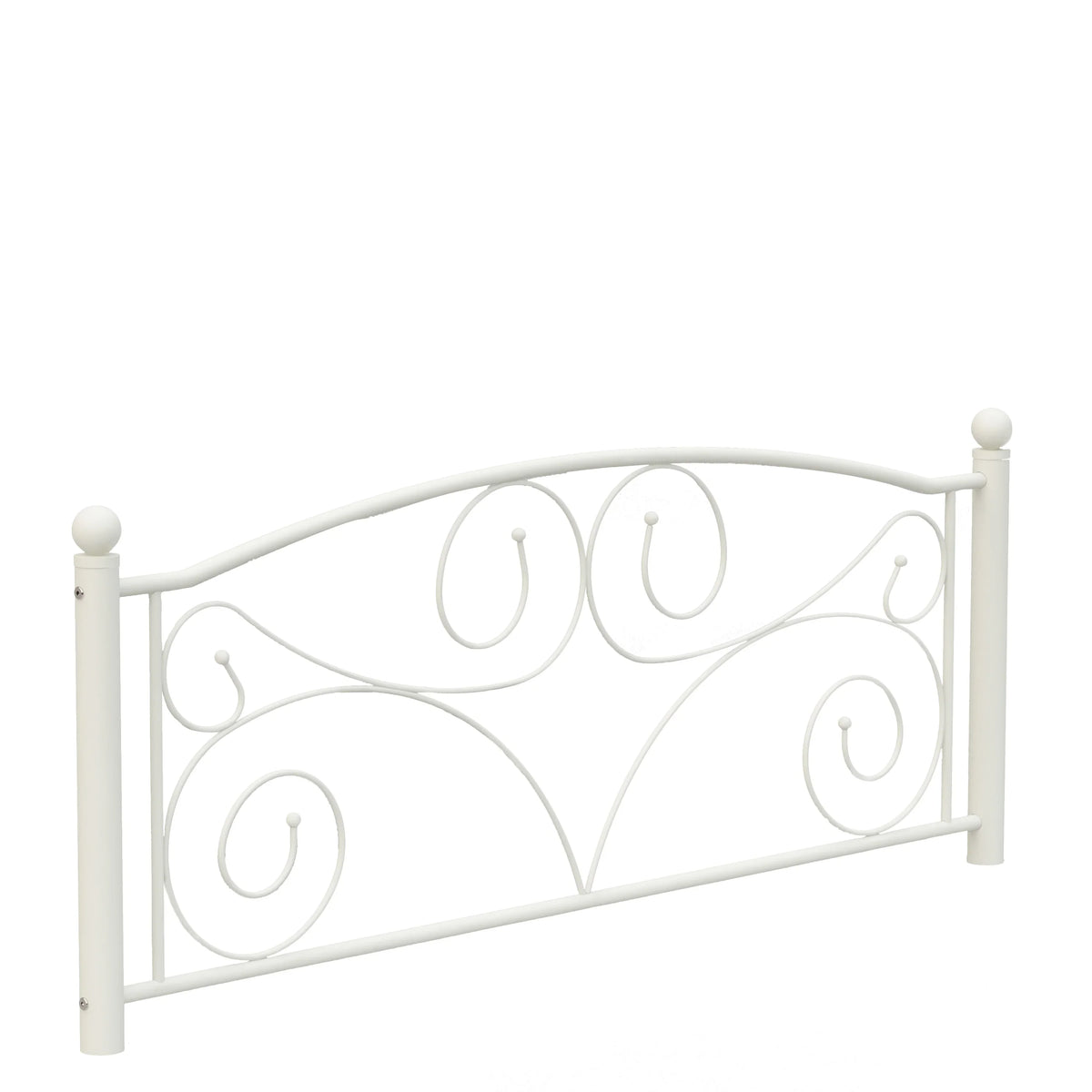 Modern white metal eprolo full bed frame with decorative flower scrollwork design.