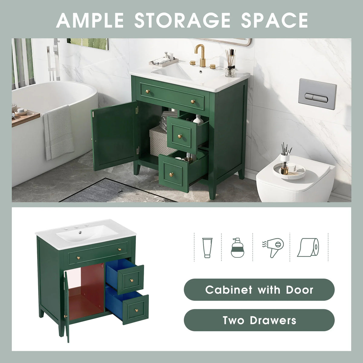 Eprolo 30 inch green bathroom vanity cabinet with sink top, door, and two drawers.