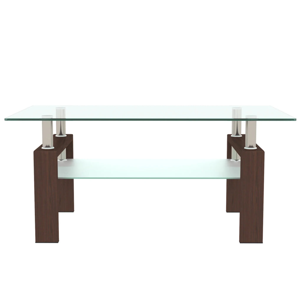 Modern eprolo rectangle walnut and clear glass coffee table for living room furniture.