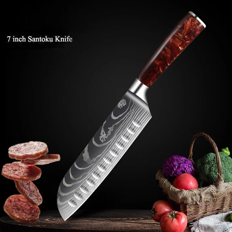 eprolo 7 inch Santoku knife with high carbon stainless steel blade and wood handle.
