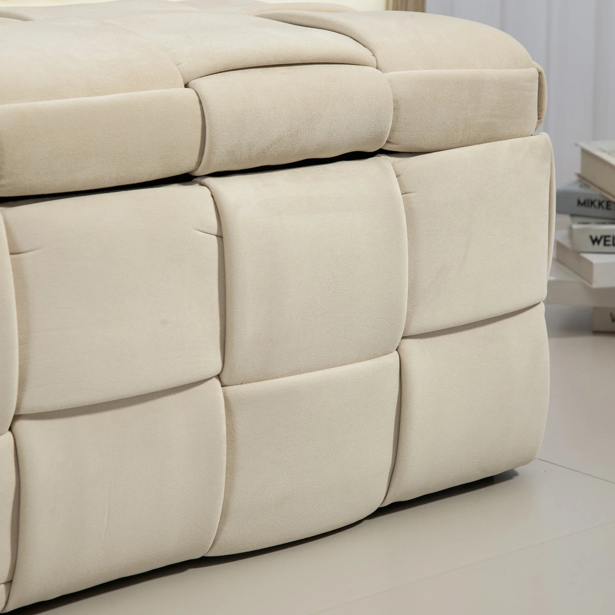 Beige eprolo storage ottoman with cushioned fabric and safety hinge
