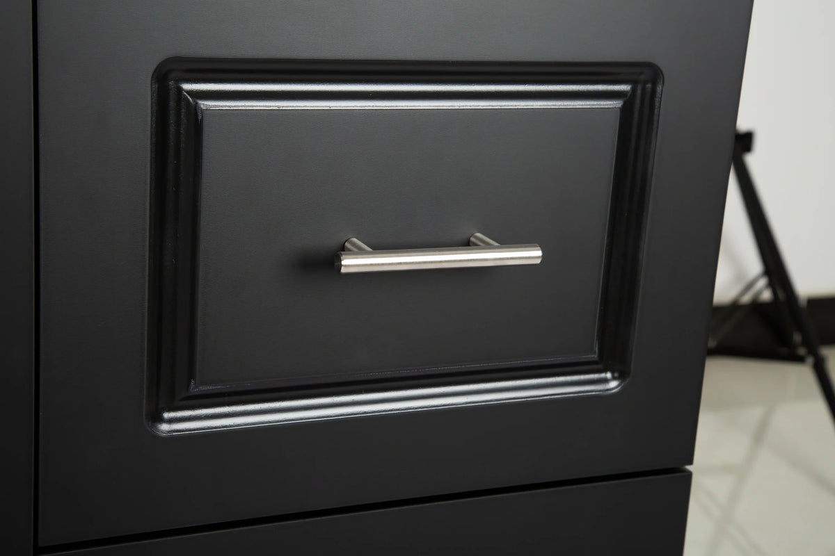 Close-up of a black eprolo mobile kitchen island drawer with a silver handle