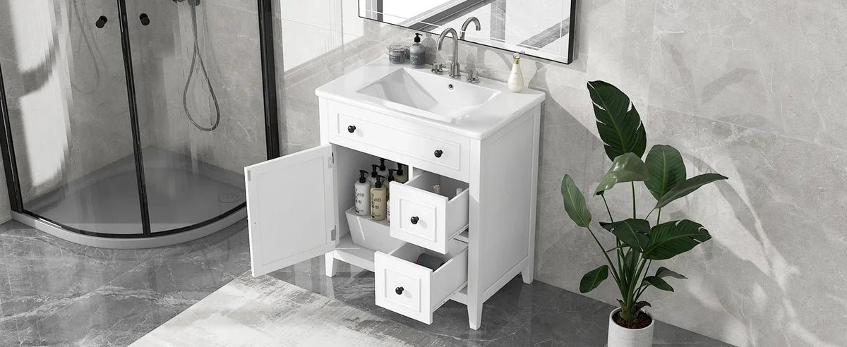 eprolo 30 inch white bathroom vanity with sink, open cabinet door, and two drawers