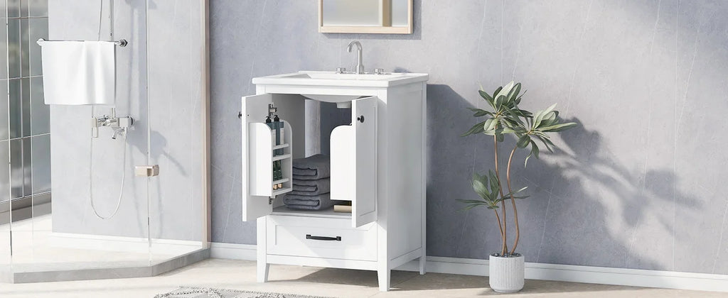 White 24 inch eprolo bathroom vanity cabinet with sink and open storage doors.