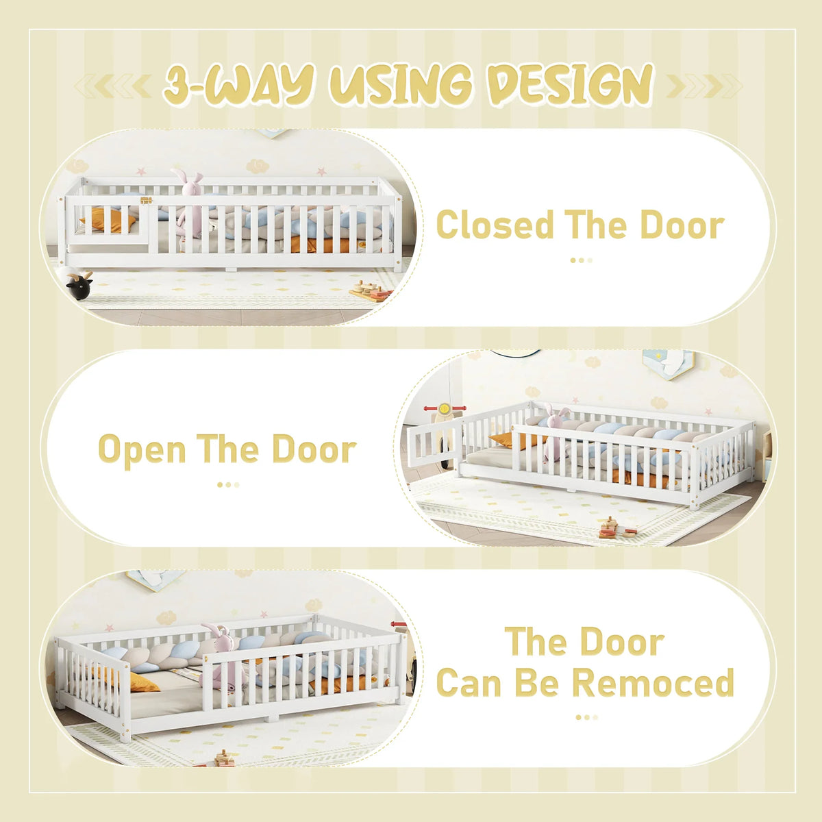 eprolo white twin size floor bed showing three configurations: closed door, open door, and no door.