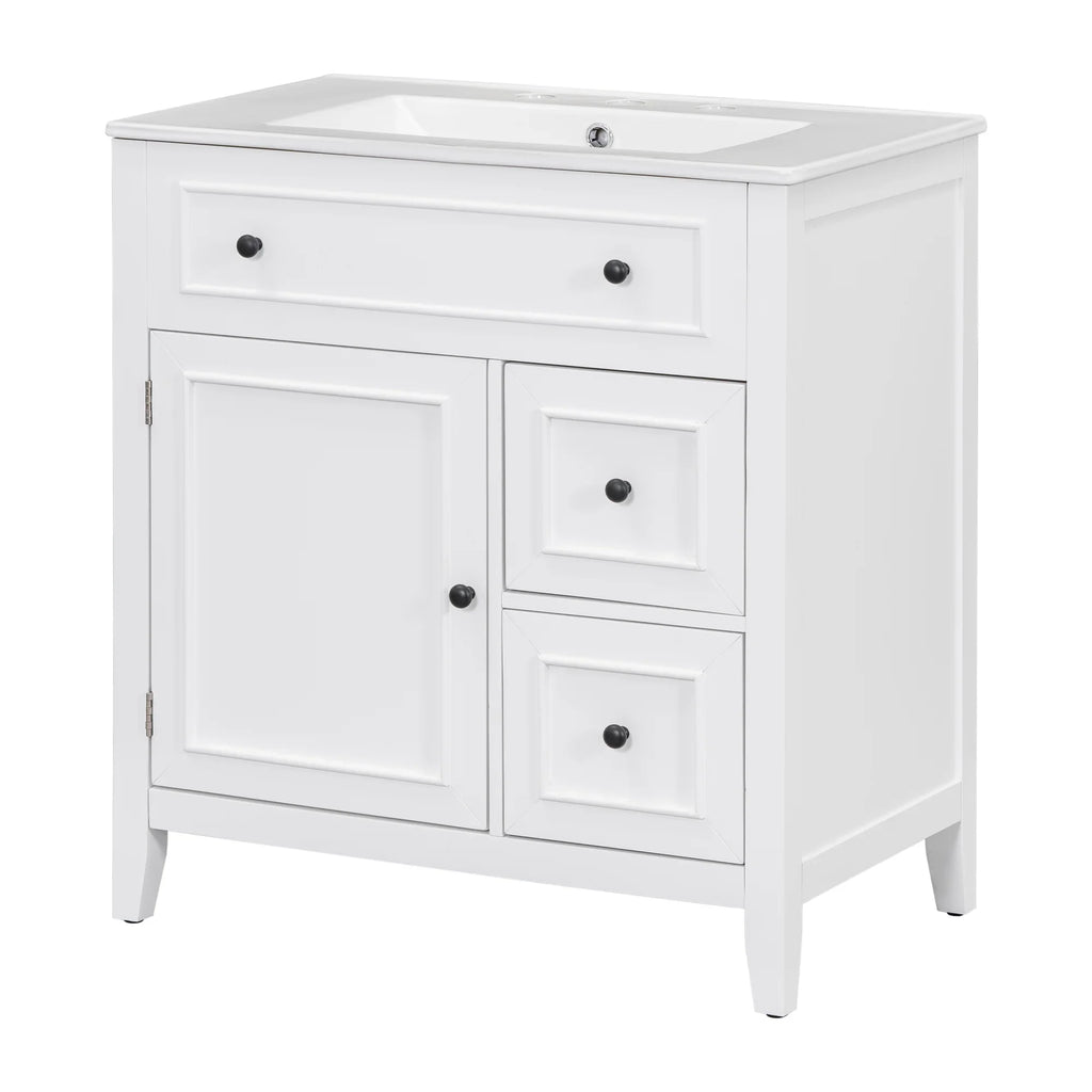 White 30 inch eprolo bathroom vanity cabinet with sink top, one door, and two drawers.